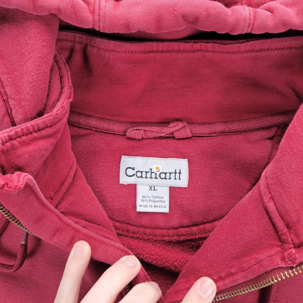 Carhartt Quarter Zip Hoodie Mens XL Red K217 Faded Heavyweight Workwear Pullover - Picture 3 of 10